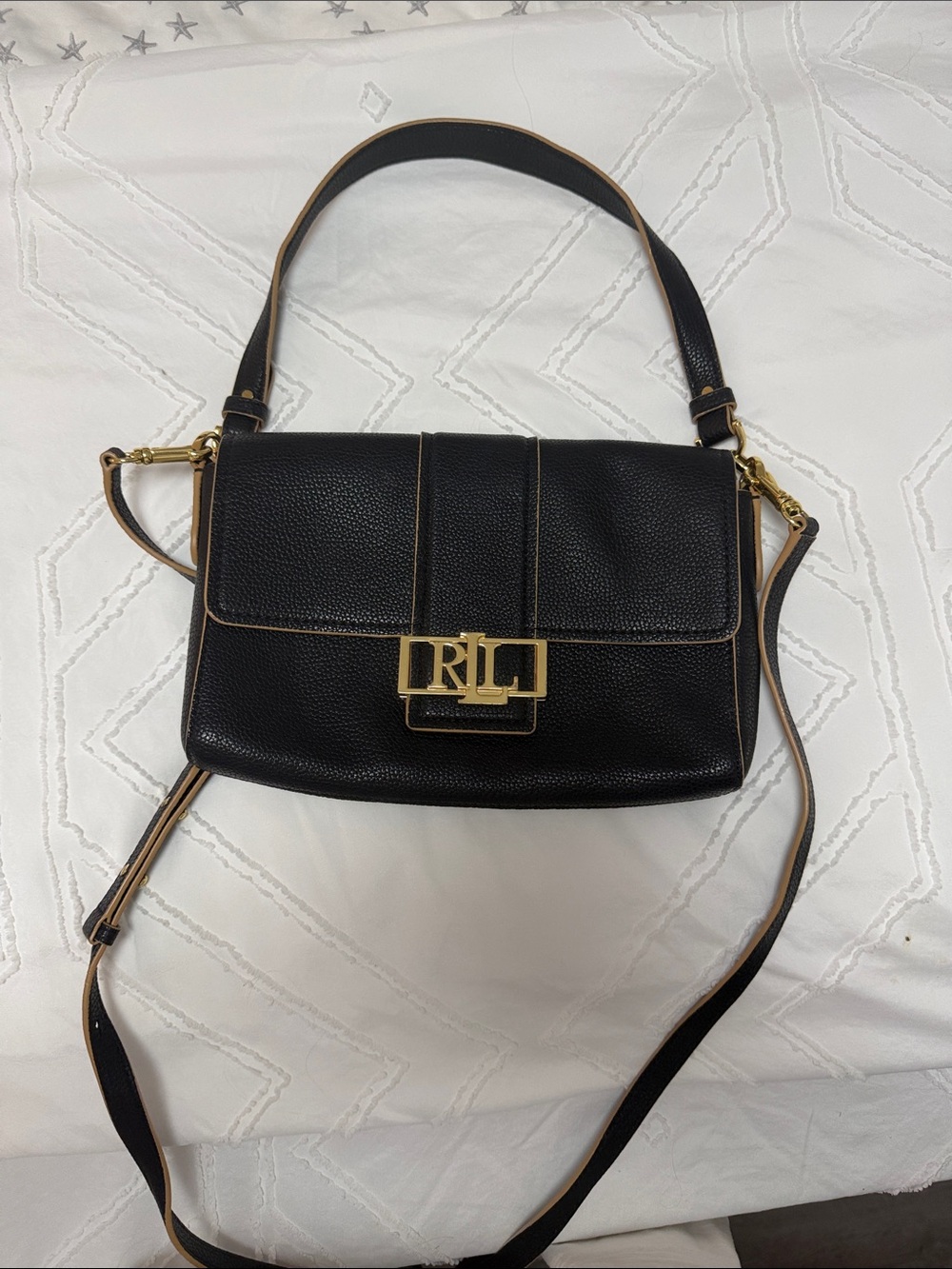 Ralph Lauren Black Pebbled Leather Crossbody with Gold RL Lock